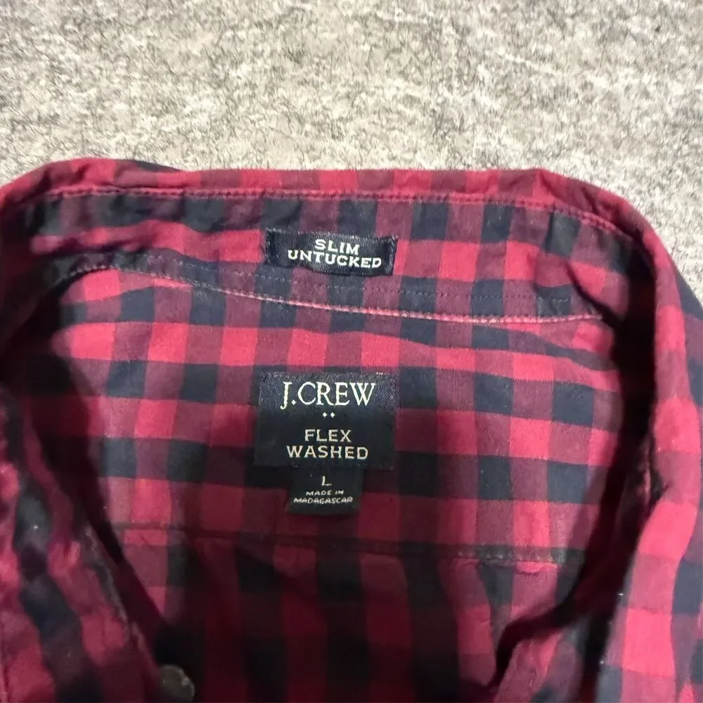 J Crew Mens Shirt Size L Red Black Check Flex Washed Slim Untucked Long Sleeve